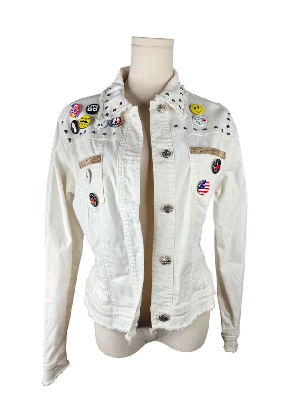 Monnalisa White Denim Studded Jacket with Embellished Patches Sz. S